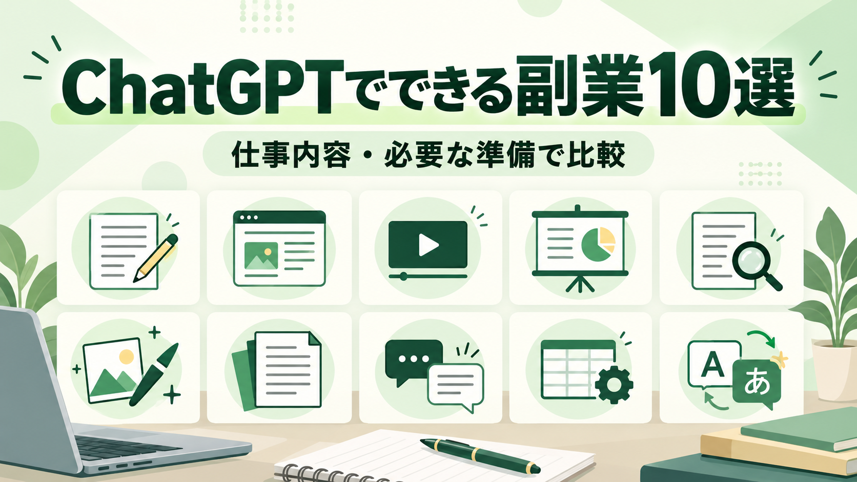 ChatGPTでできる副業10種類を仕事内容と必要な準備で比較するイラスト