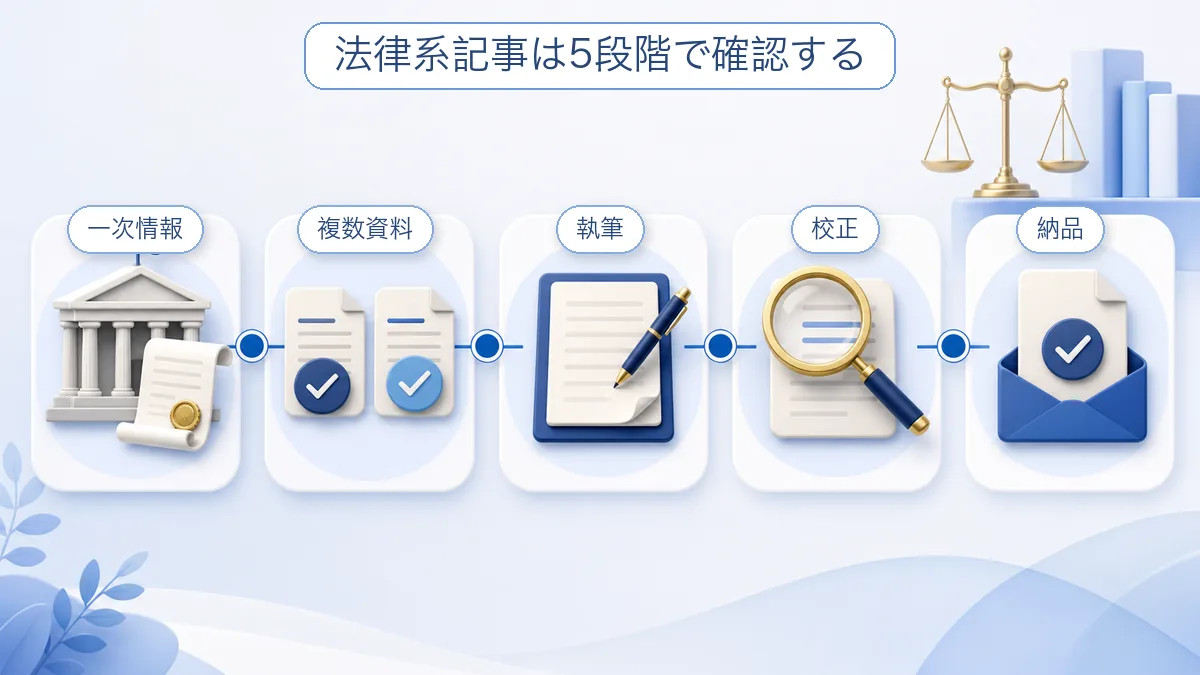 法律系記事を一次情報、複数資料、執筆、校正、納品の5段階で確認する流れ