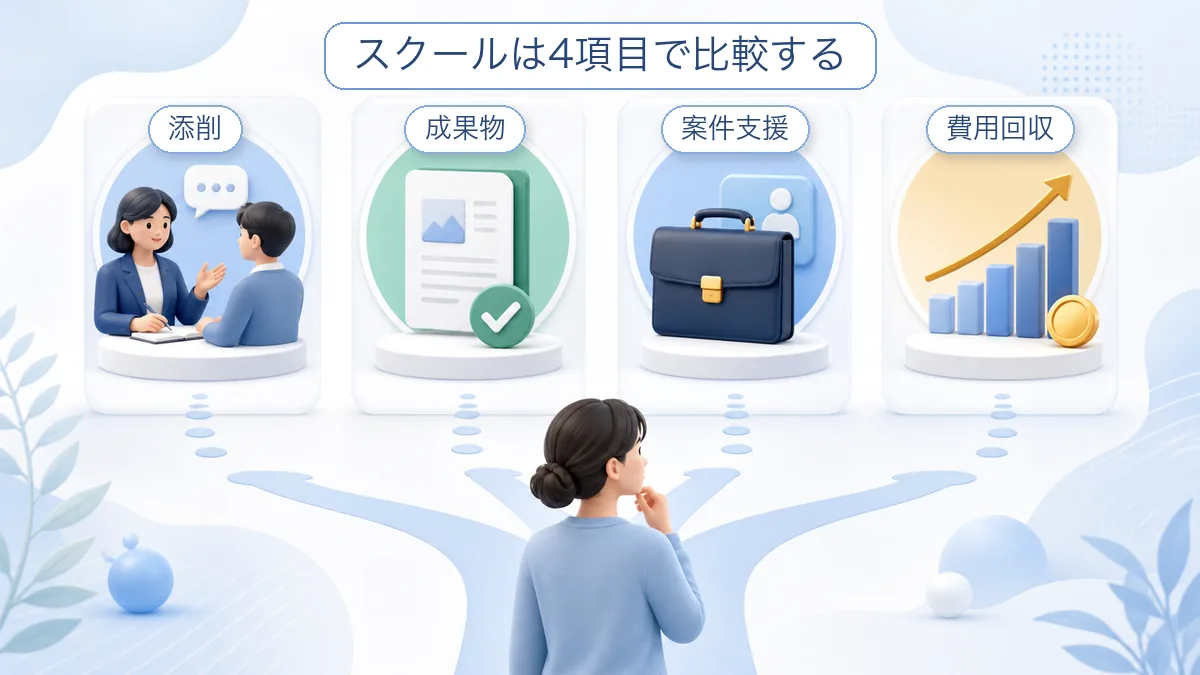 Webライタースクールを添削、成果物、案件支援、費用回収の4項目で比較する図