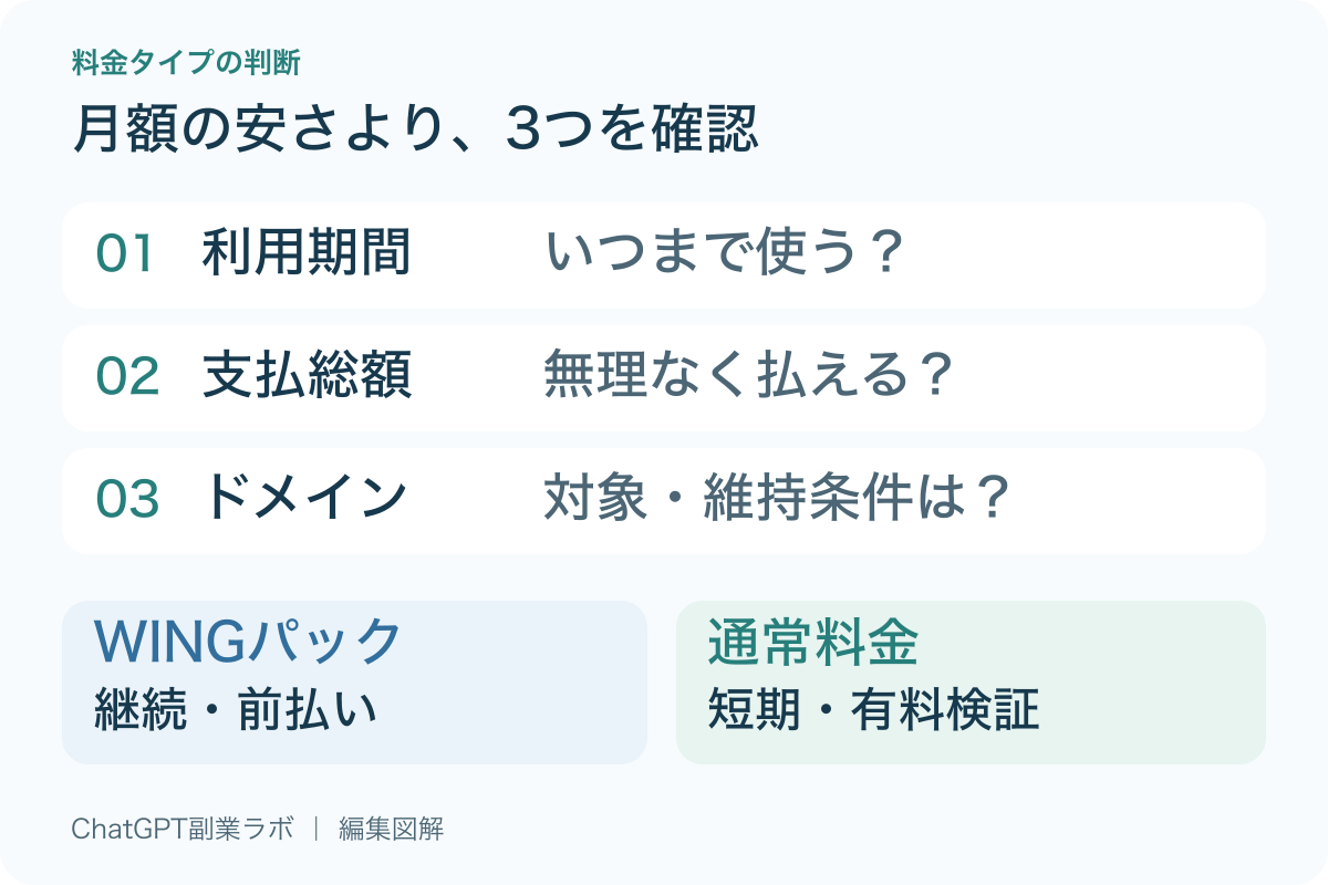 契約判断の3項目。利用期間、今払える総額、ドメイン特典を確認して料金タイプを選ぶ