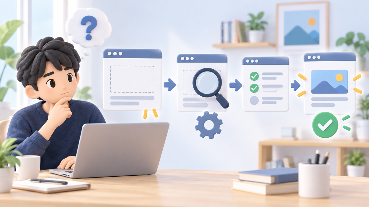 表示されないAdSense広告の原因を順番に調べるブログ運営者のイラスト