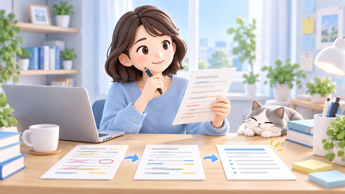 添削された原稿を見直し、修正を重ねるライターのイメージ