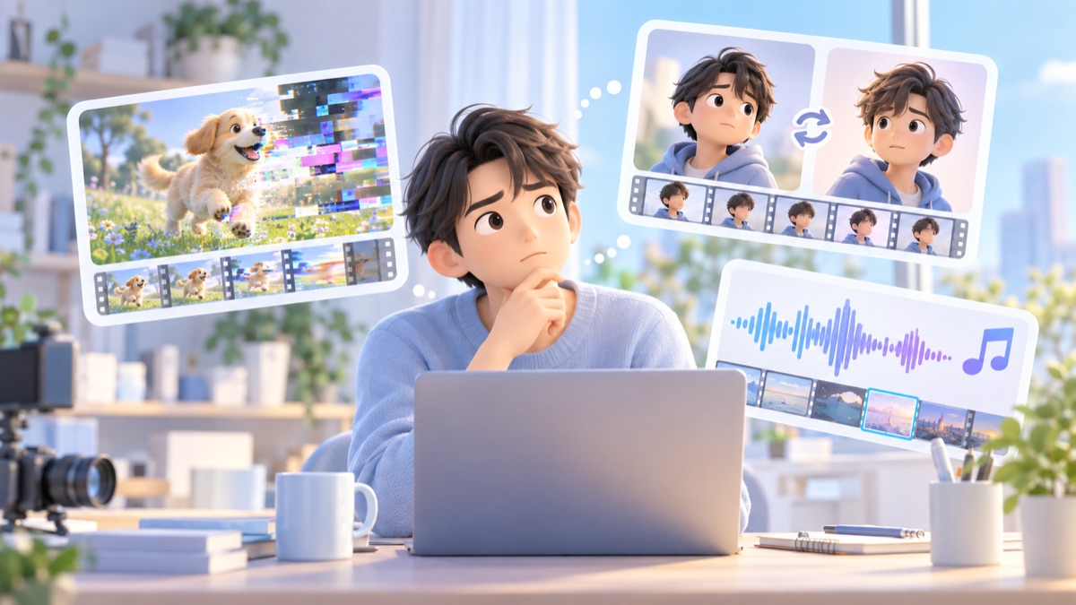 AIショート動画の画像崩れ・キャラクターの変化・音選びに向き合う制作者のイメージイラスト
