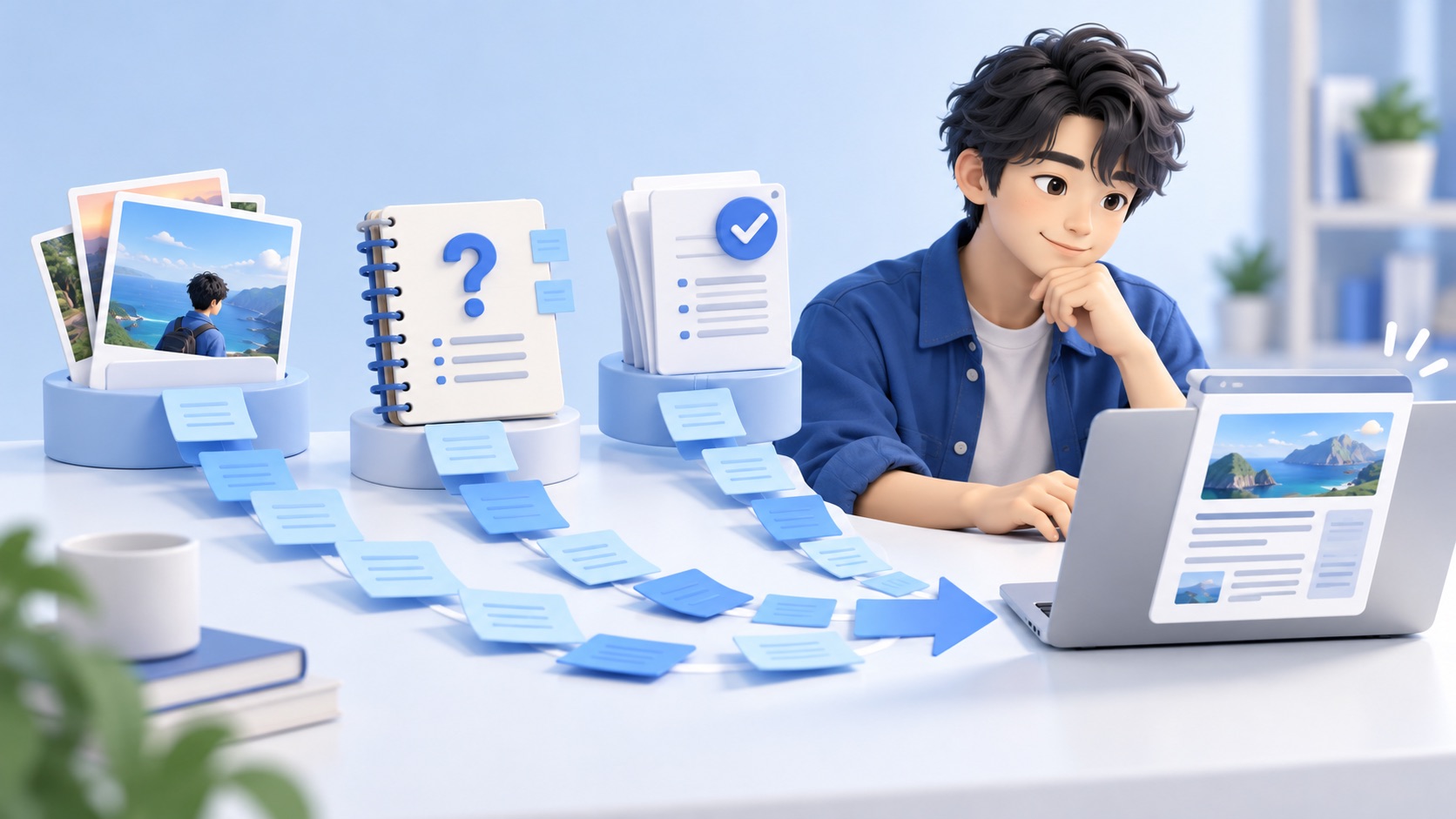 体験のメモと確認できた事実を分けて記事を組み立てるライターのイメージ