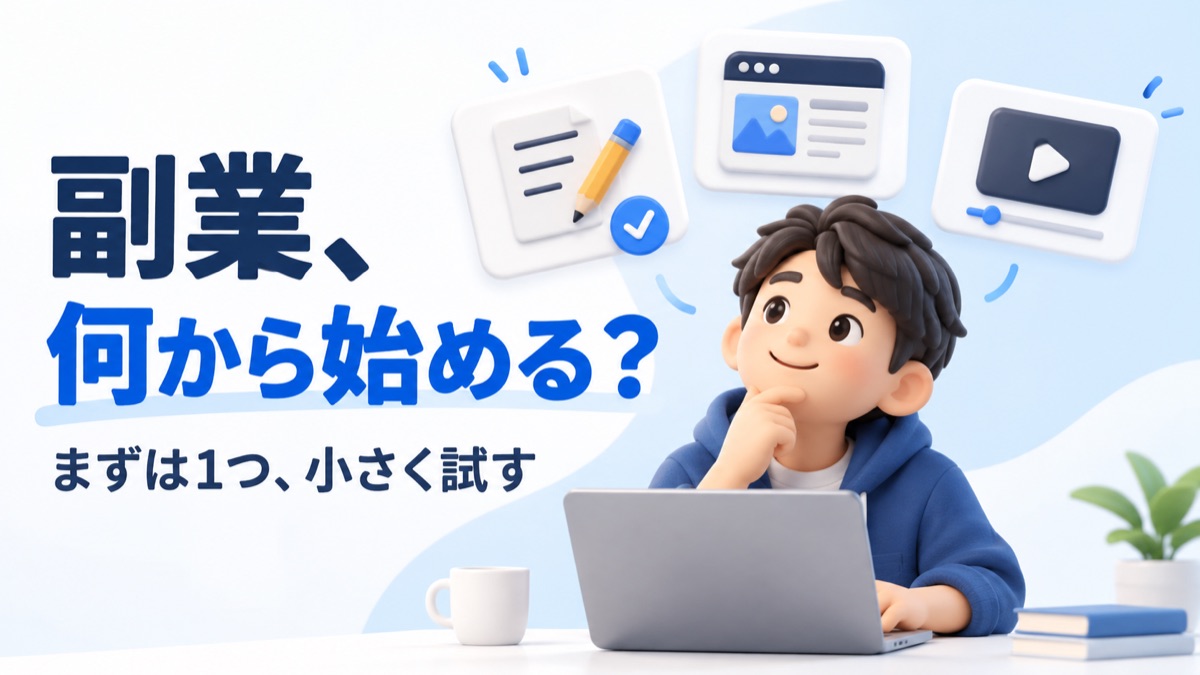 副業の最初の作業を、ライティング・ブログ・動画制作から一つ選ぶイメージ