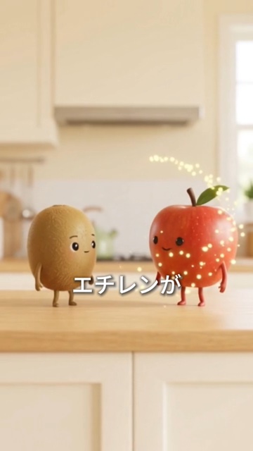 キウイとリンゴのキャラクターが並ぶ、ゆうき制作のAI解説動画の一場面