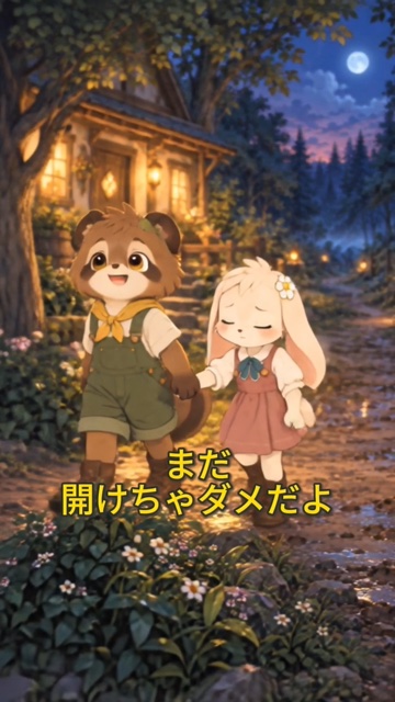 夜の森で動物のキャラクターが並ぶ、ゆうき制作のアニメーション動画の一場面