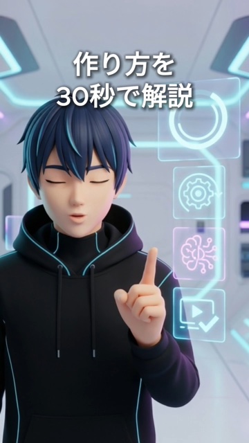 青い髪のアバターと解説字幕を使った、ゆうき制作のAI動画の一場面