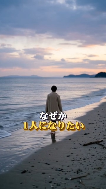 海辺を歩く人物と字幕を使った、ゆうき制作のAI映像の一場面