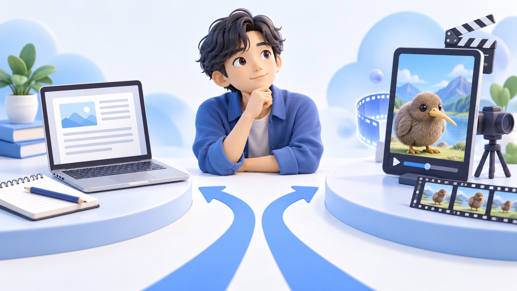 文章制作とAI動画制作の二つの作業を比較するクリエイターのイメージ